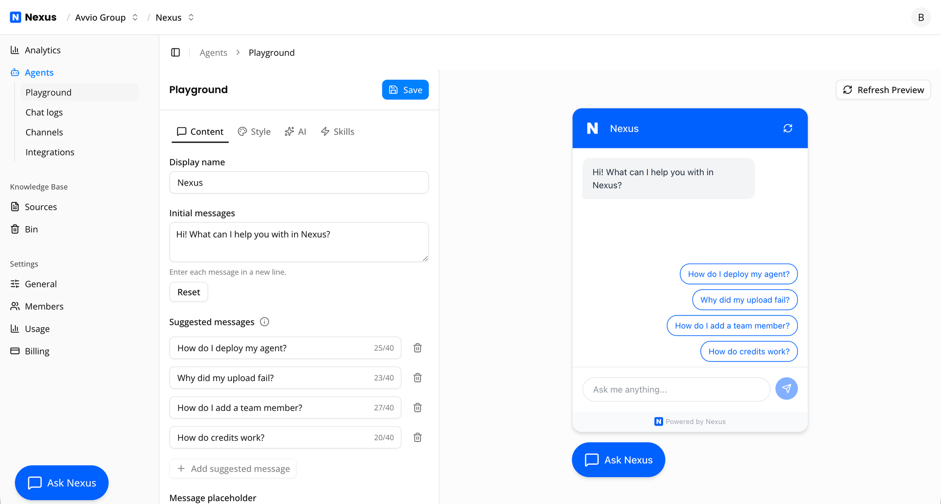 Nexus dashboard showing an AI agent conversation with a customer